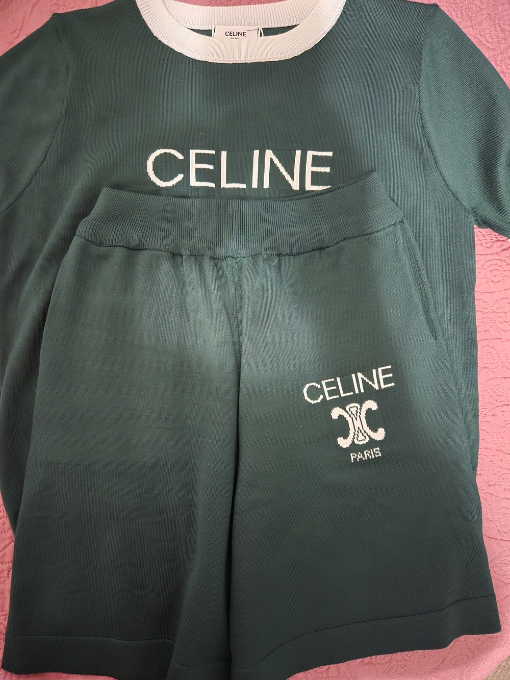 Celine Green Knit Logo Track Shorts